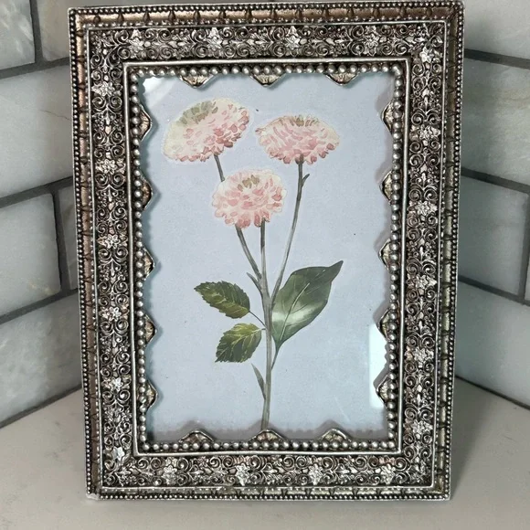 Pink Zinnia Flowers in a Vintage Azzure Home Pewter 5.5” x 3.5” Picture Frame - Picture 2 of 12